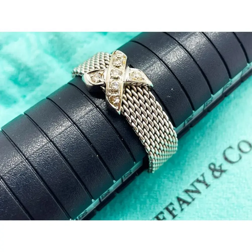 Tiffany & Co. 18K White Gold Somerset Mesh Diamond X Ring – Size 11.5